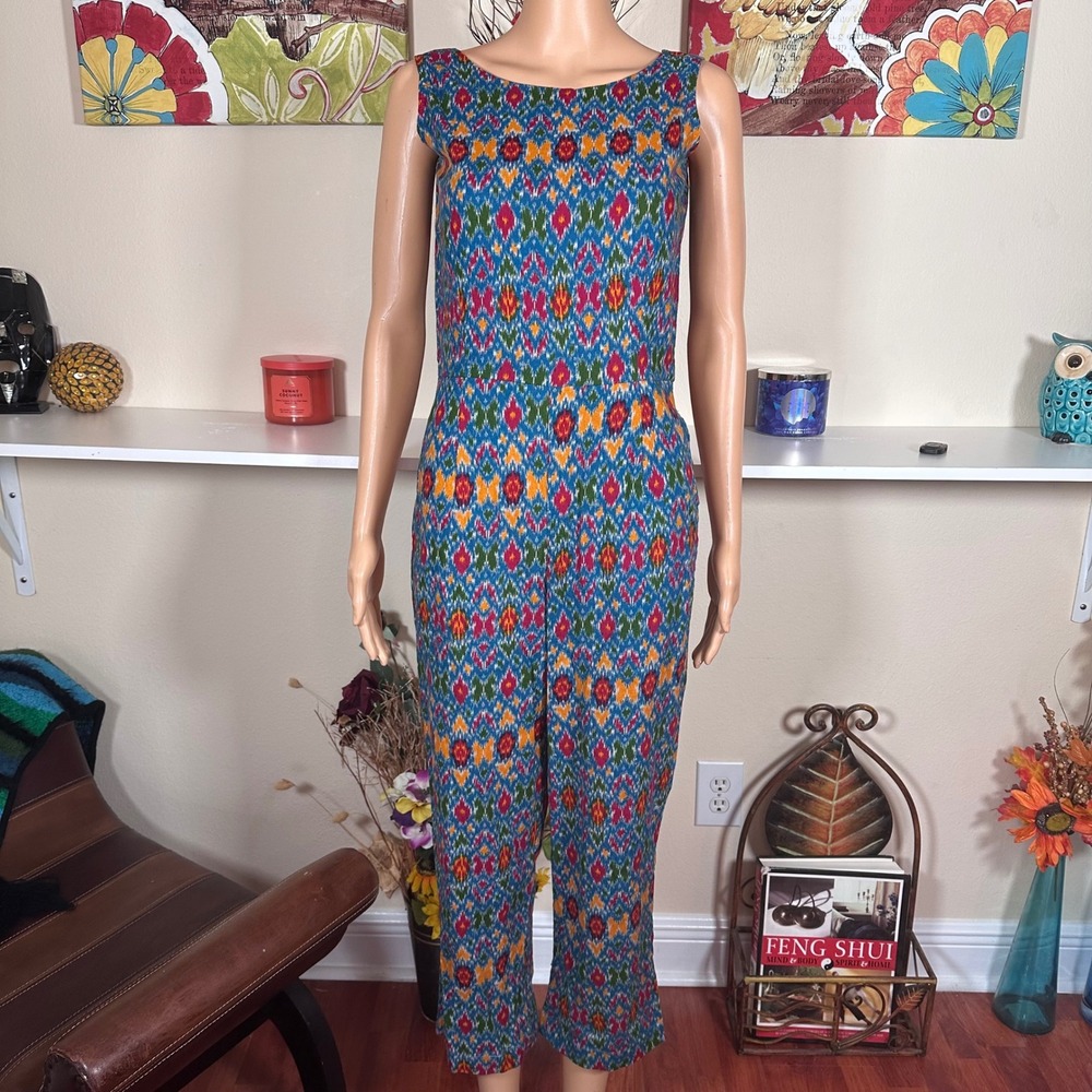 Vintage Handmade Ikat Jumpsuit Blue Geometric Wide Leg Boho Artisan One Piece